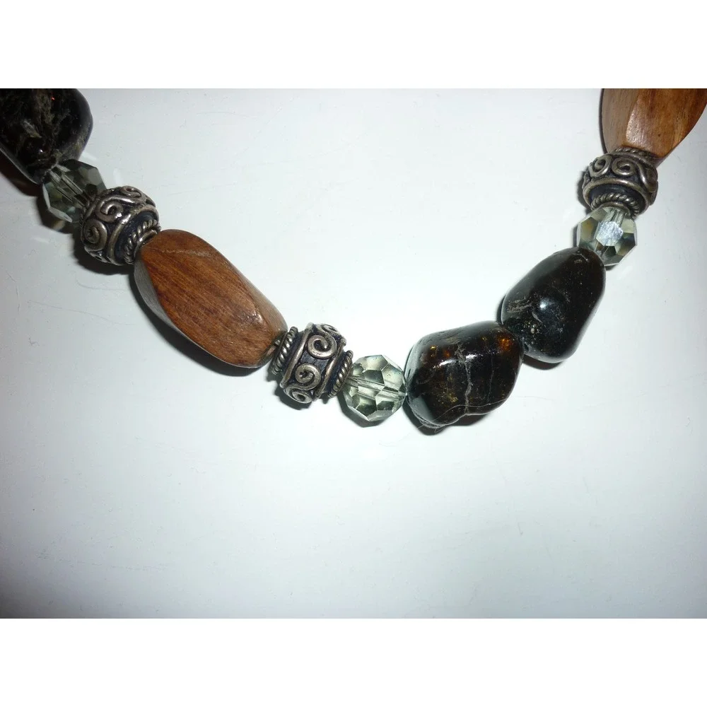 Chunky Beaded Necklace Wood Stone Glass Silver Tone S-Hook Clasp Brown Black 17